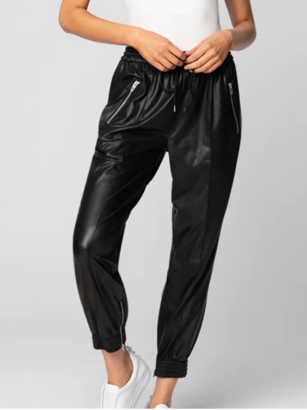 Blank NYC Black Faux Leather Joggers with Zip Details